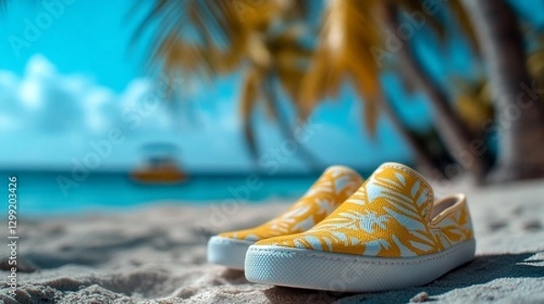 Fototapeta Beach Bliss, Stylish Slip-On Shoes on Sandy Shores with Ocean View