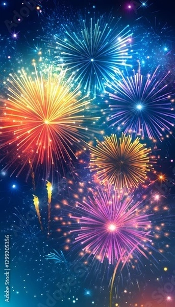 Fototapeta Colorful exploding fireworks creating festive displays against dark background
