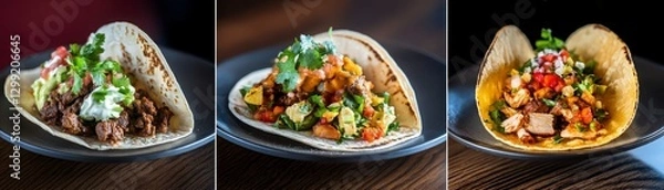 Fototapeta Three Variations of Tacos Close up of Savory Tacos with Fresh Ingredients on Dark Backgrounds and Plateware Selection. Variety of Tacos with Different Toppings and Flavors.  Delicious Meal Options