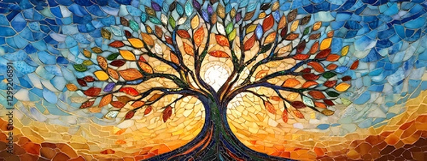 Fototapeta A tree of life with many branches and leaves, the tree is made from a glass mosaic art style
