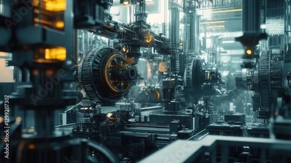 Fototapeta Futuristic Machinery Interior, intricate automated systems, glowing components,  background of complex mechanisms.  Possible use industrial design concept