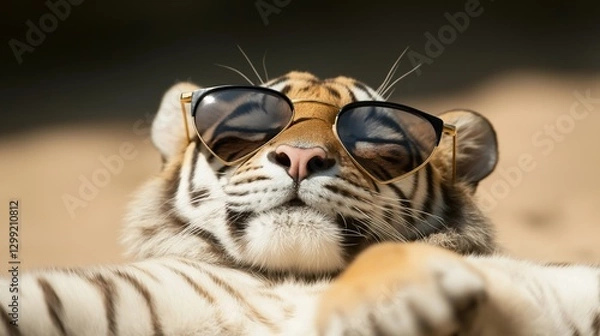 Fototapeta Relaxed tiger in sunglasses basking in sunlight, embracing leisure and summer vibes