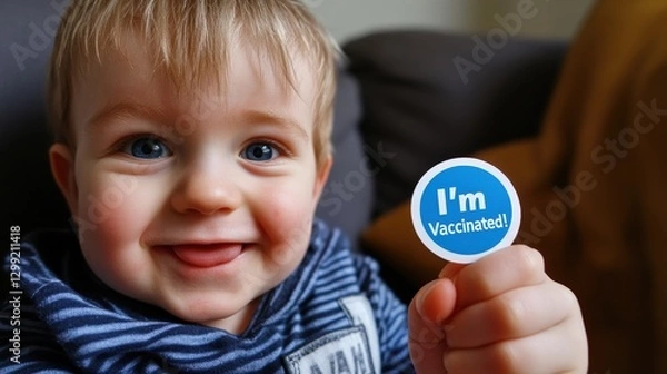 Fototapeta Young Child Holding Vaccination Sticker While Smiling in Close-Up