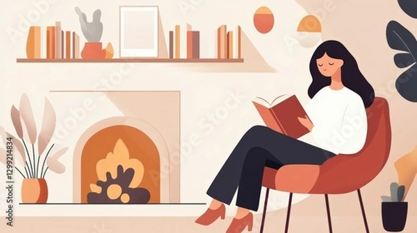 Fototapeta Woman reading a book by a fireplace in a warm and cozy library, with a cup of tea on the side table,
