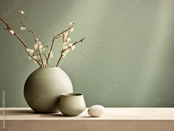 Fototapeta Closeup of minimalist japandi and wabi sabi inspired living room with vase, easter decor and neutral walls