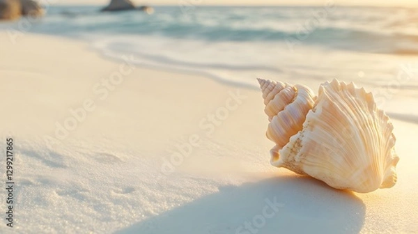 Obraz Seashell on Sandy Beach at Sunrise Golden Hour