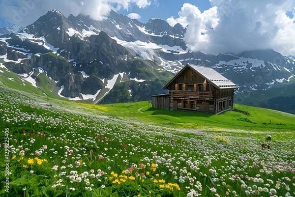 Fototapeta Beautiful summer landscape with meadow and mountain peaks.