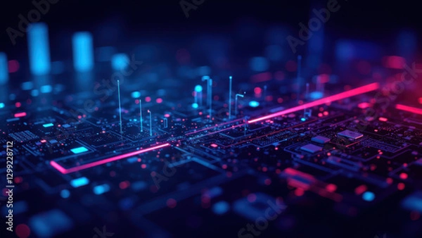 Fototapeta Futuristic digital cityscape with neon lights, representing concepts such as containerization, orchestration, and continuous integration/continuous deployment within the tech industry.