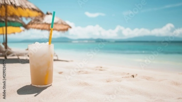 Fototapeta Refreshing tropical drink on sunny beach with umbrellas and ocean view