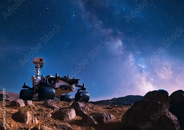 Fototapeta Mars rover exploring the surface, traversing over red rocks against a clear, star-lit sky