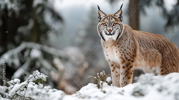 Fototapeta Majestic Lynx standing in a snowy forest its thick fur blending into the frosty landscape tufted ears perked up as it scans the surroundings golden eyes glowing with intensity