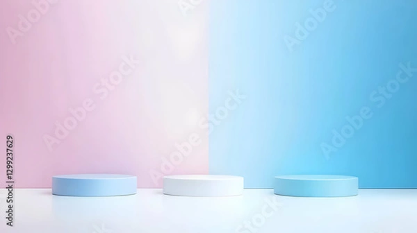 Fototapeta Three Round Podiums Displaying Product on Pink and Blue Pastel Background