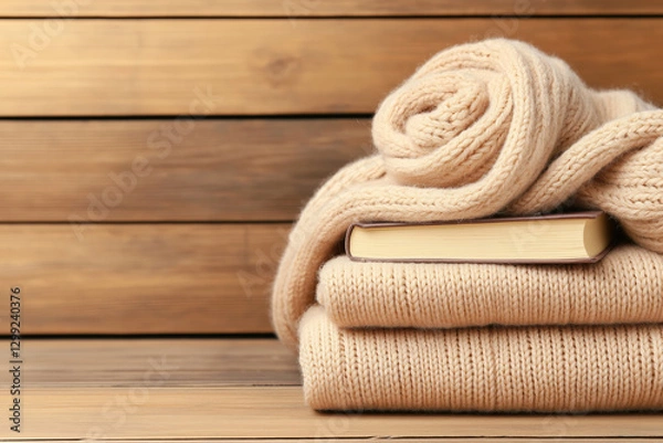Fototapeta Cozy wool sweaters and a book stacked on a wooden surface for relaxation
