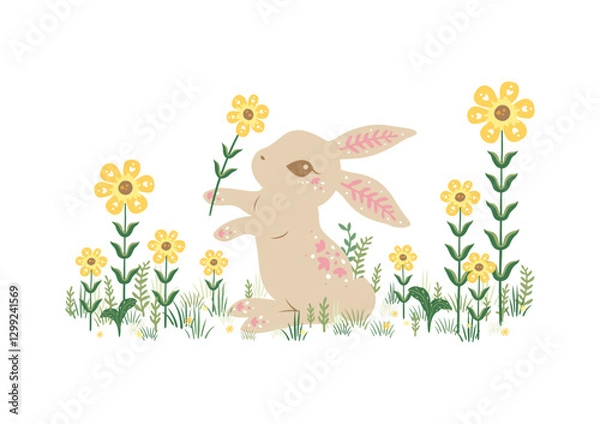 Obraz Cute spring bunny among wild flowers illustration series in beautiful art nouveau floral decorative style