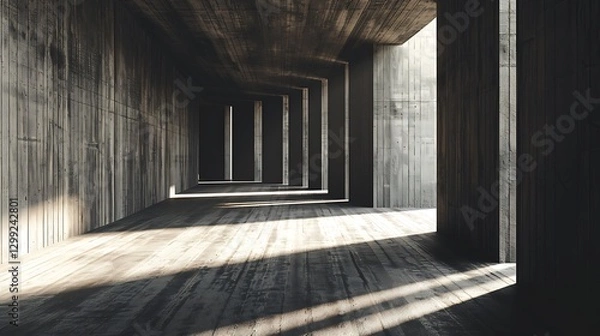 Fototapeta 3d render of abstract empty room with wooden wall and concrete floor