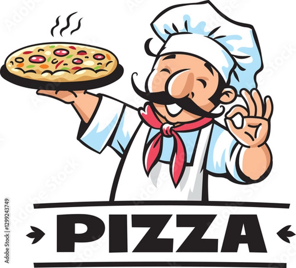 Obraz Funny chef with pizza. Emblem or logo design