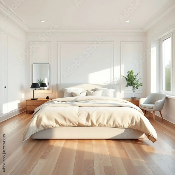 Fototapeta Modern luxury bedroom interior in minimal scandinavian style