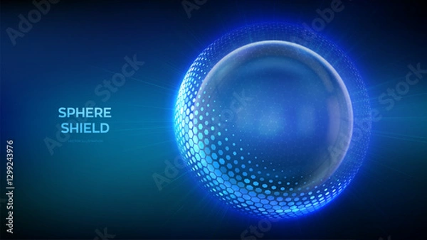 Fototapeta Glass transparent protection sphere shield. Sphere shield with hexagon pattern on blue background. Bubble shield in the form of a force energy field. Protection and safety concept. Vector illustration