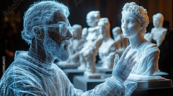 Obraz Digital Echoes: Sculpted Forms of the Mind, Exploring Art and Consciousness in Wireframe Sculptures of Busts, a Fusion of Technology and Timeless Artistry.