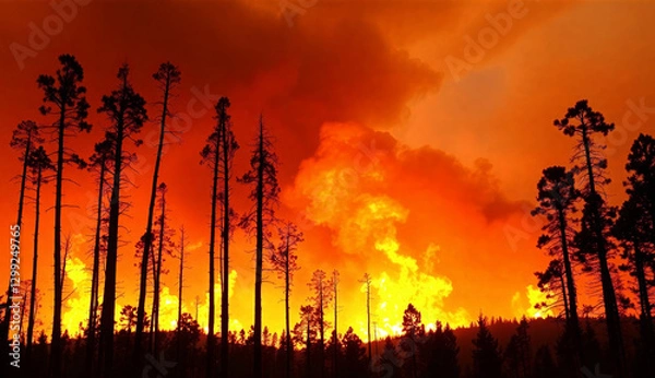 Fototapeta A terrifying forest fire illuminates the sky with intense flames. The silhouette of tall, thin trees stands out against the fiery backdrop.