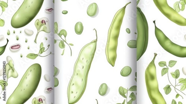 Fototapeta Beautiful Green Beans and Pods Botanical Illustration Seamless Pattern