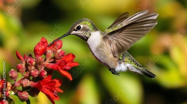 Fototapeta Tiny Hummingbird hovering beside a red flower its iridescent green feathers shimmering in the sunlight wings a blur as it sips nectar
