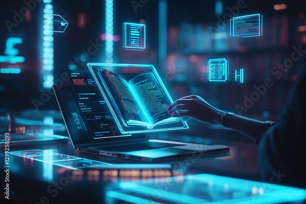 Obraz A futuristic AI-powered digital learning environment with holographic displays, virtual tutors, and immersive tech, revolutionizing education through innovation.