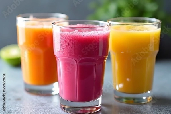 Fototapeta Colorful Fruit Smoothies in Glass Cups - Healthy Refreshing Drinks