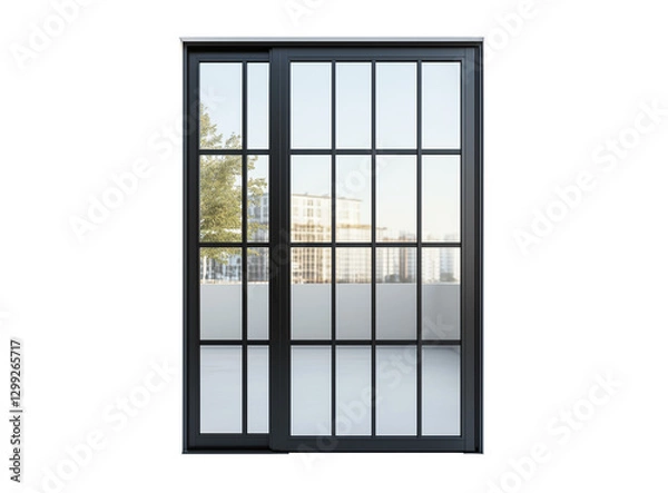 Fototapeta Modern Black Framed Window with Open Glass Panels on Transparent Background

