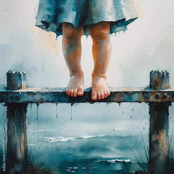 Obraz Child's bare feet balance on wet bridge over water. AI image