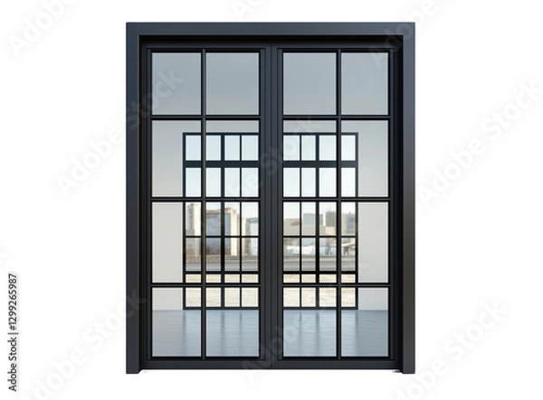 Fototapeta Modern Black Framed Window with Open Glass Panels on Transparent Background

