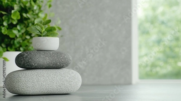 Fototapeta Stacked stones, plant, modern interior, peaceful scene, home decor, minimalist design, zen garden, calm atmosphere