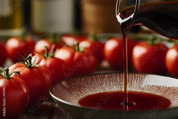 Fototapeta Tomato & Balsamic Delight: A drizzle of rich, dark balsamic vinegar cascades into a shallow bowl, complemented by a row of vibrant, ripe tomatoes, creating a symphony of flavors and visual appeal. 