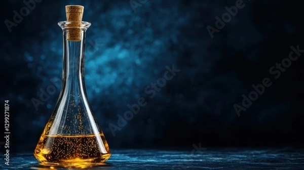 Fototapeta A glass decanter filled with golden liquid sits against a dark, textured background, creating a striking visual contrast.
