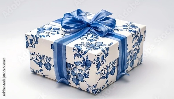 Fototapeta Blue gift box with blue bow on the background of autumn leaves.