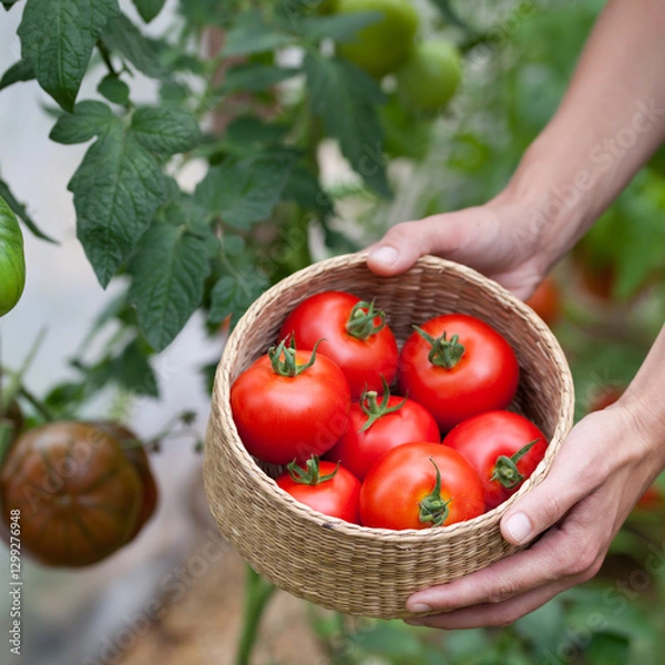 Fototapeta Tomato harvest - ripe red tomatoes picking by hand in a small greenhouse -  vegetable garden.