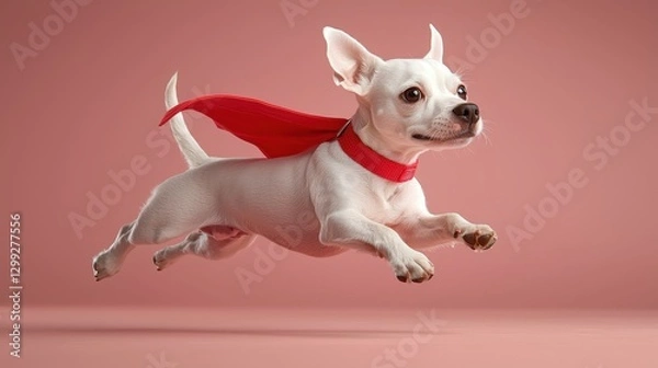 Fototapeta Super-dog in flight, studio shot, pink background