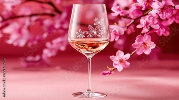 Fototapeta A beautifully etched wine glass filled with rose, surrounded by delicate pink cherry blossoms, creating a serene and elegant atmosphere.