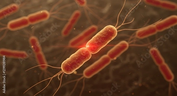 Obraz Microscopic Bacteria Dividing with Flagella in 3d Render