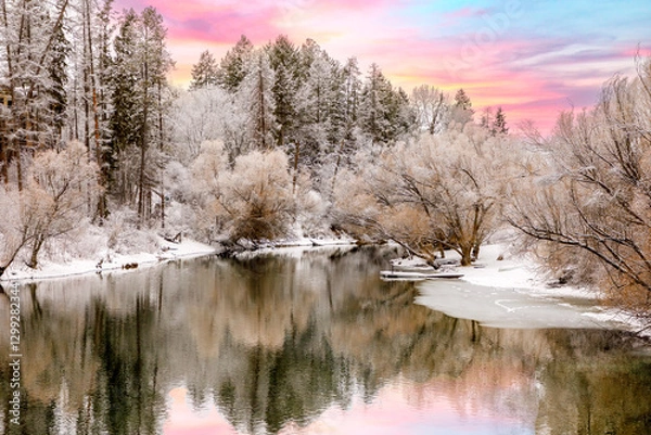 Obraz Montana winter scene of the Whitefish River with a colorful sky