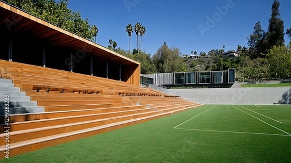 Fototapeta A well-designed high school outdoor gathering space with modern architecture and student-friendly