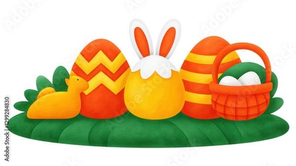 Obraz Cartoon Easter Eggs Bunny Chick Basket Spring Illustration
