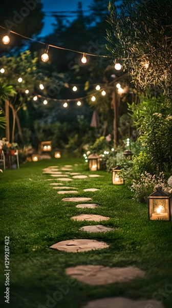 Obraz A photo of an outdoor garden at night, featuring string lights hanging above the lawn
