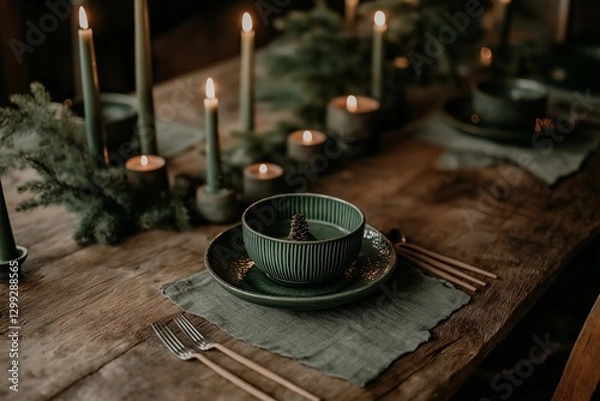 Fototapeta Stylish dining setup featuring green dishes, candles, and decorations ideal for serving Finnish salmon soup. Concept emphasizes cozy, festive dining atmosphere celebrating Finnish cuisine