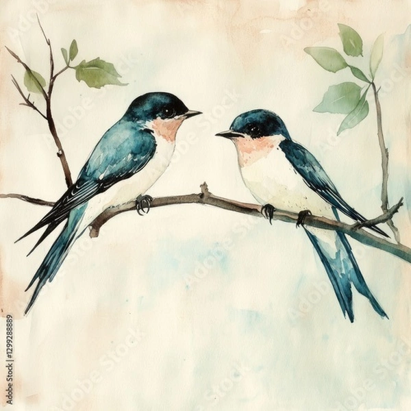 Fototapeta watercolor painting of two swallows sitting on a tree, pastel color palette, paper texture, artistic composition.