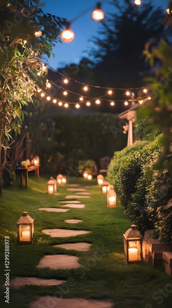 Obraz A photo of an outdoor garden at night, featuring string lights hanging above the lawn
