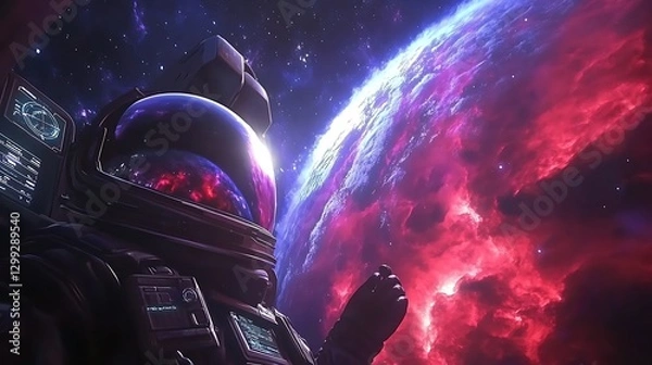 Fototapeta A lone spaceship journeys through the cosmos, passing planets and our own Earth