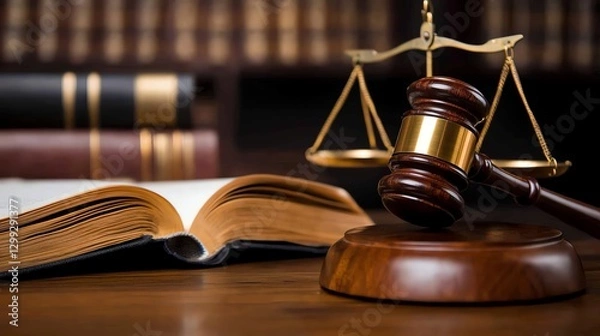 Obraz This image features a gavel, scales of justice, and an open law book, symbolizing the principles of law and justice