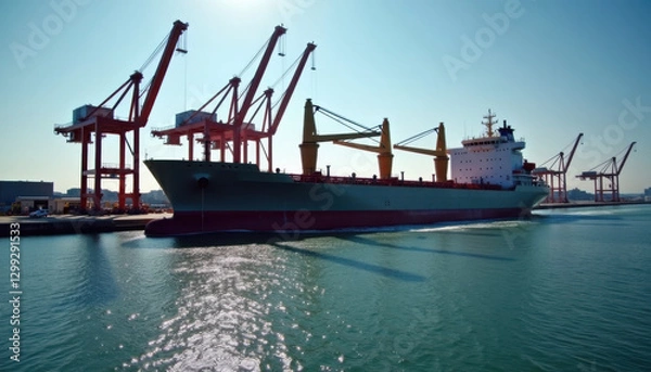 Fototapeta Cargo ship at port, loading cranes in action, maritime logistics, bright sunny day, copy space
