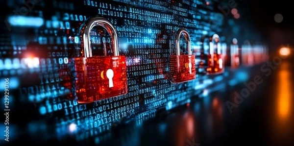 Fototapeta A close-up view of digital locks symbolizing cybersecurity and online protection, surrounded by binary code. Ideal for illustrating data security themes in technology.